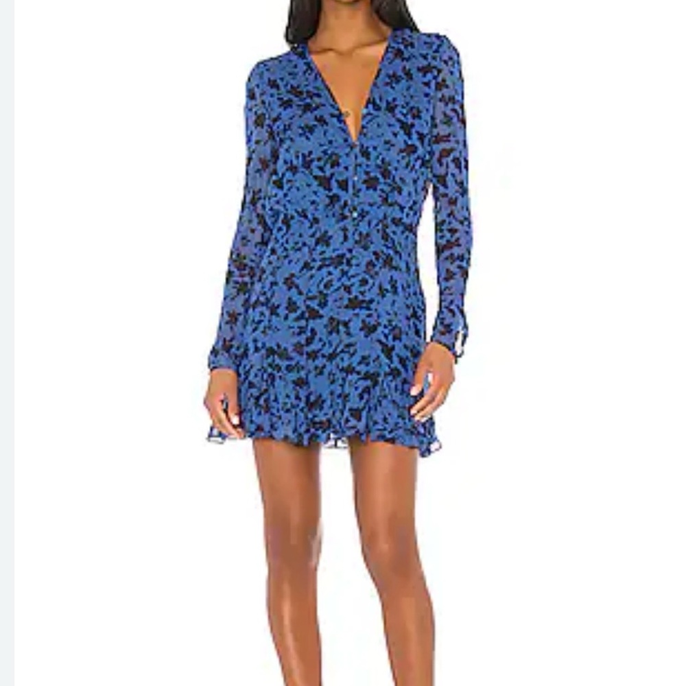 Karina Grimaldi Vicky Denim Floral Blue Chiffon Mini Dress Long Sleeve M